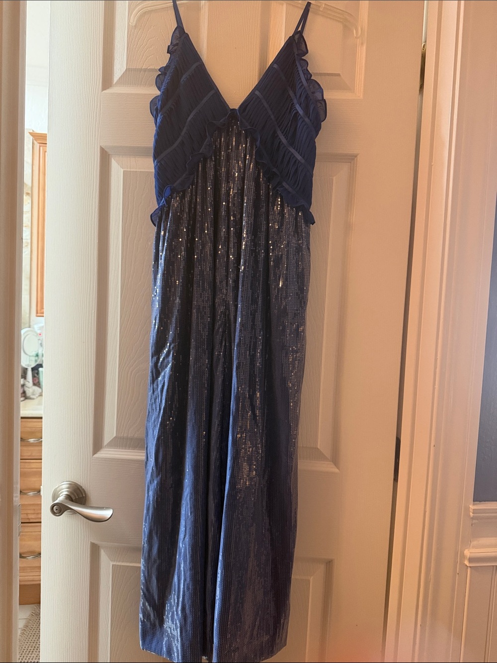 Maeve Navy Sequin jumpsuit with Ruffle Bodice